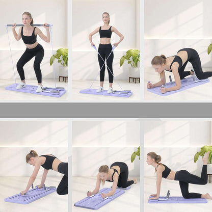 Planche de Pilates - exemples d'exercices : squats, tirage, planche, fessiers