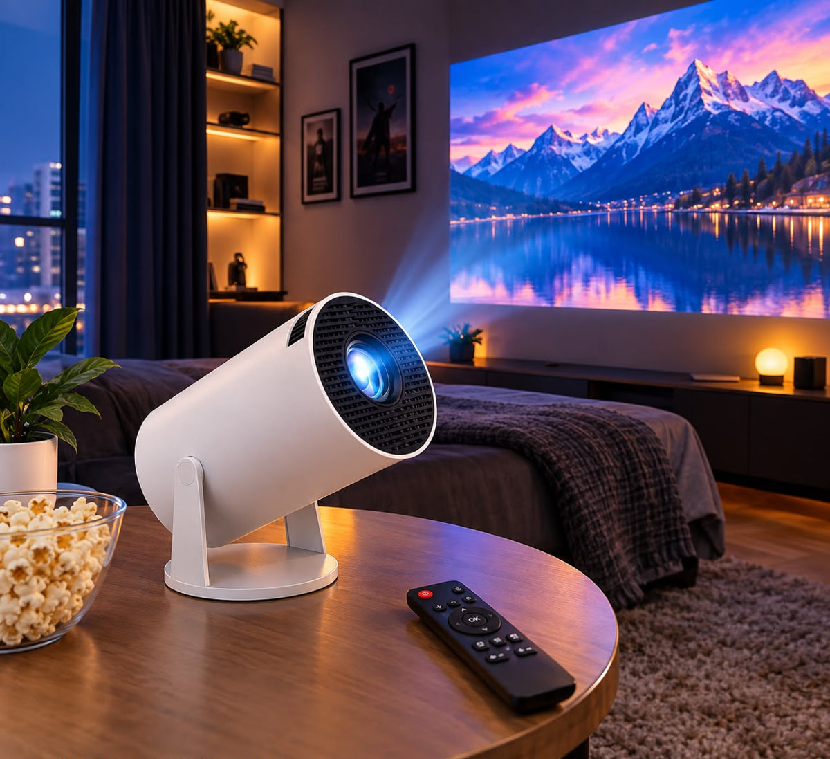 Projecteur vidéo portable Chariowlux projetant un film en grand écran dans un salon, ambiance cinéma maison